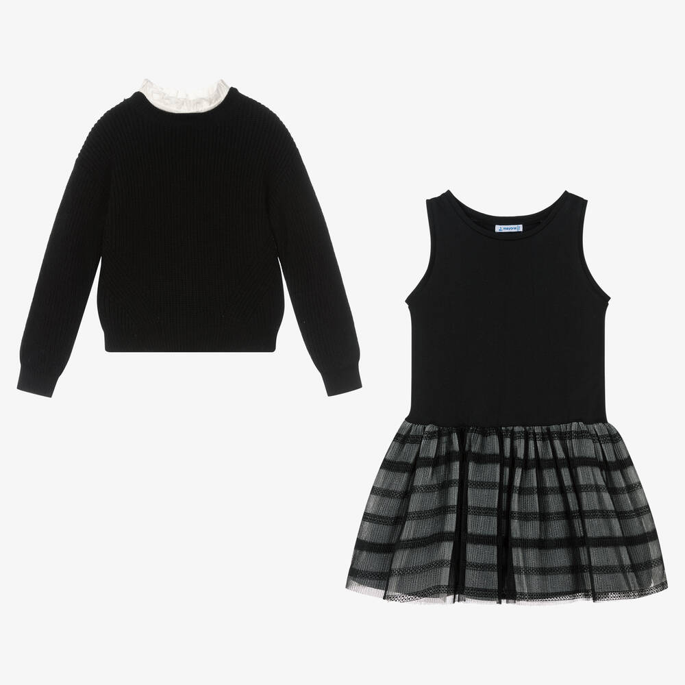 Mayoral-طقم فستان قطن جيرسي لون أسود | Childrensalon Outlet