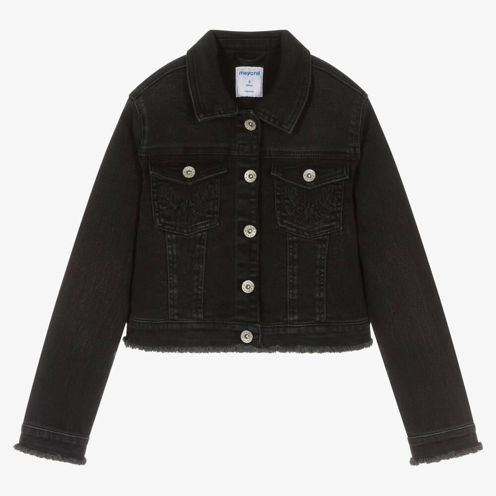 Mayoral - Veste noire brodée en jean fille | Childrensalon