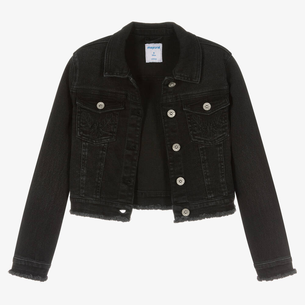 Mayoral Girls Black Embroidered Denim Jacket Childrensalon Outlet