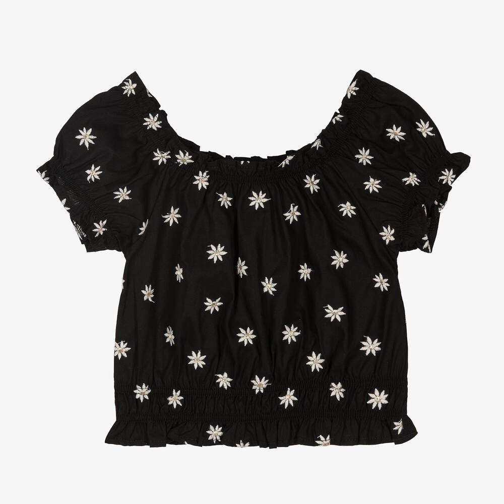 Mayoral - Черная блузка с вышитыми цветами | Childrensalon