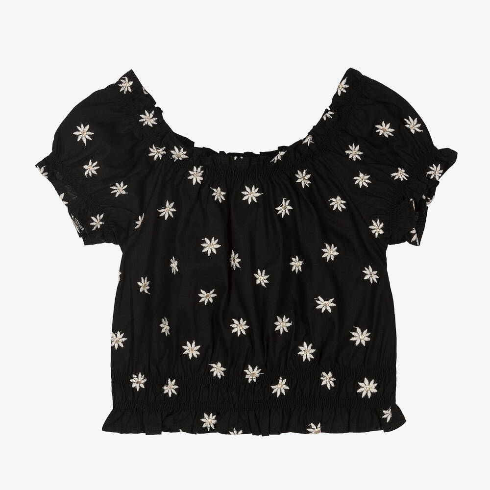 Mayoral - Girls Black Embroidered Floral Blouse | Childrensalon