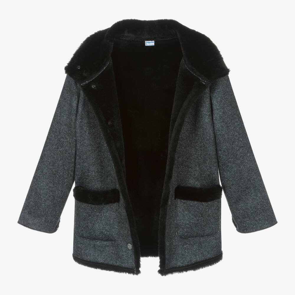 Mayoral-Girls Black Faux Fur Lined Coat | Childrensalon Outlet