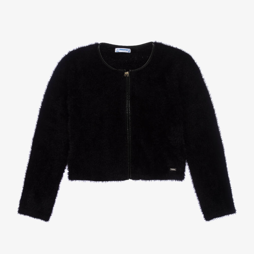Mayoral-Girls Black Faux Fur Zip-Up Cardigan | Childrensalon Outlet