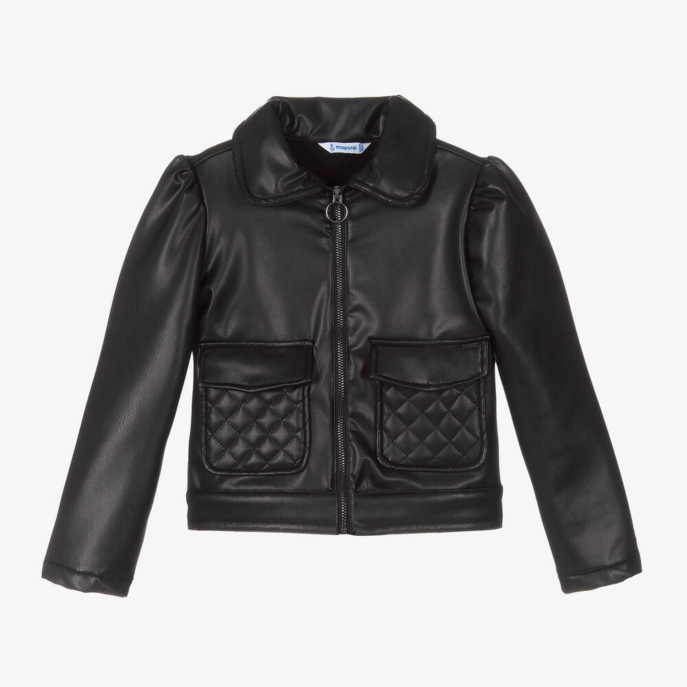 Mayoral - Girls Black Faux Leather Jacket | Childrensalon