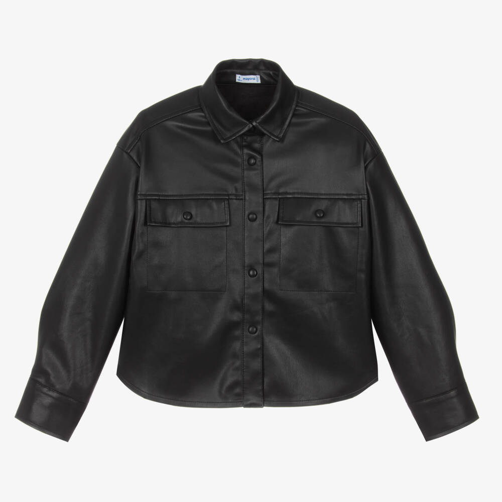 Mayoral-Girls Black Faux Leather Shirt Jacket | Childrensalon Outlet