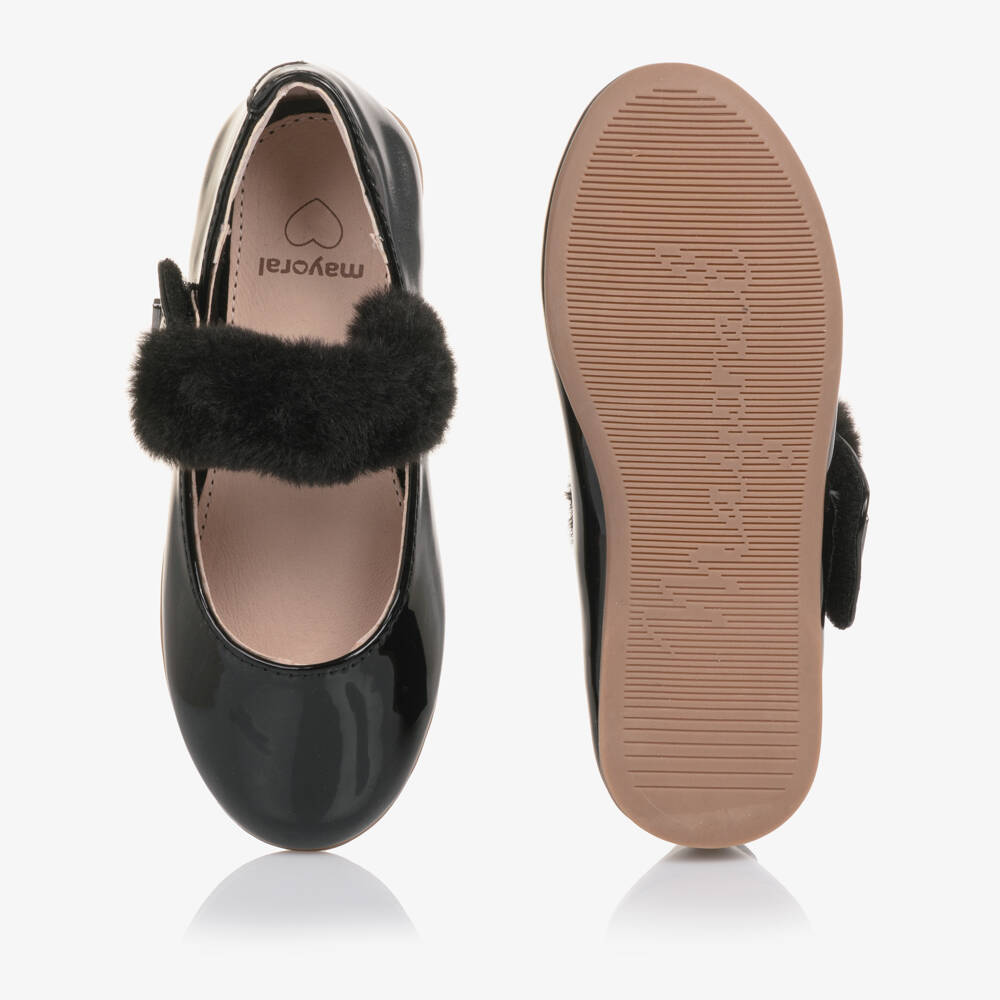 Mayoral-Girls Black Faux Patent Leather Bar Shoes with Faux Fur Trim | Childrensalon Outlet