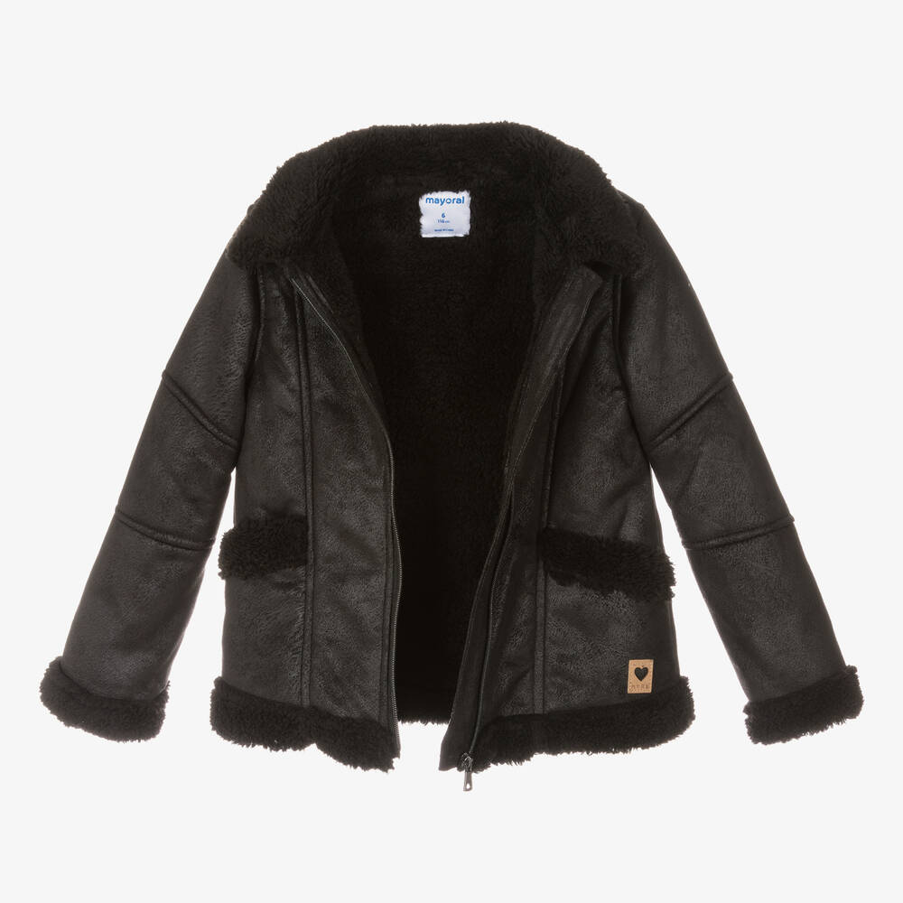 Mayoral-Girls Black Faux Sheepskin Jacket | Childrensalon Outlet