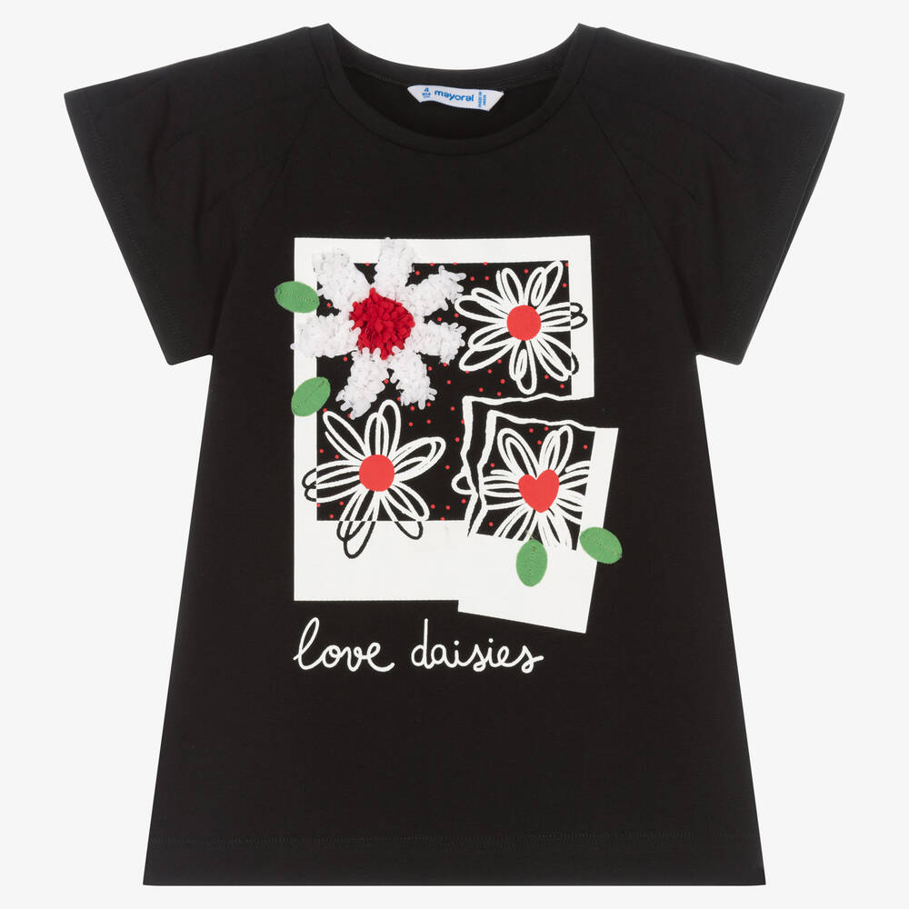 Mayoral - Girls Black Floral Print T-Shirt | Childrensalon