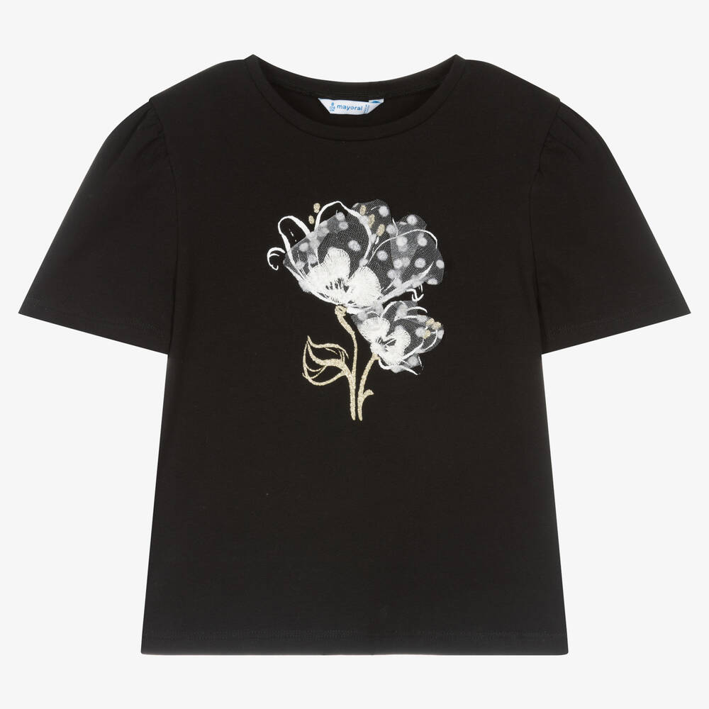 Mayoral - Schwarzes T-Shirt mit Tüllblumen | Childrensalon