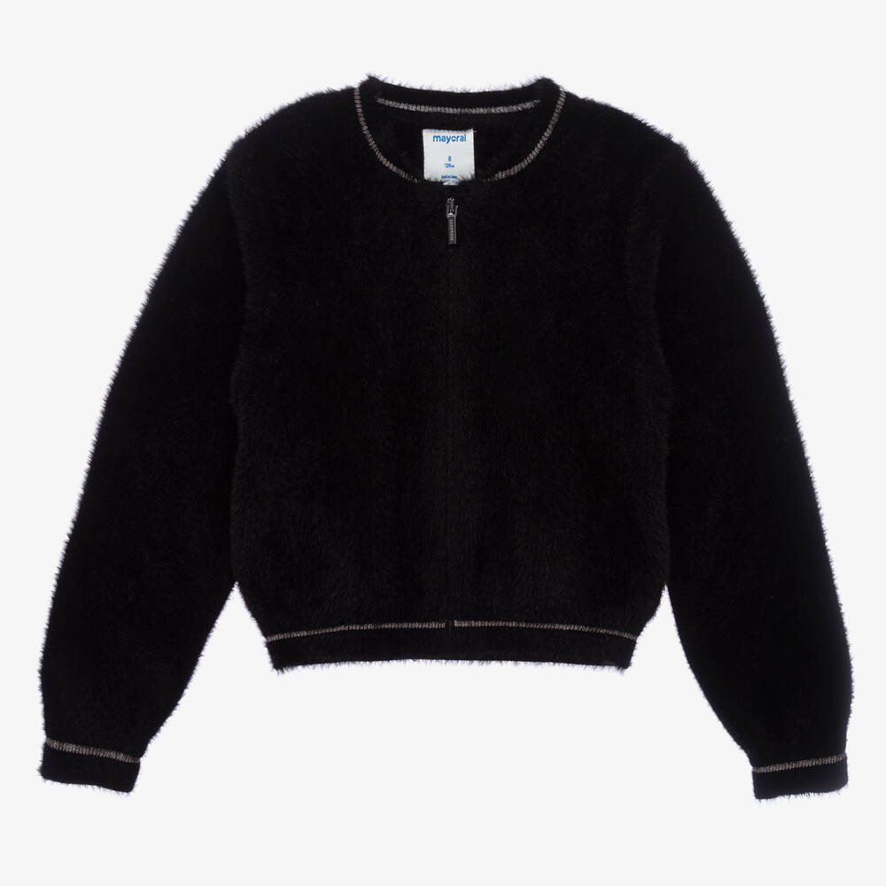 Mayoral - Girls Black Fluffy Knitted Zip-Up Top | Childrensalon