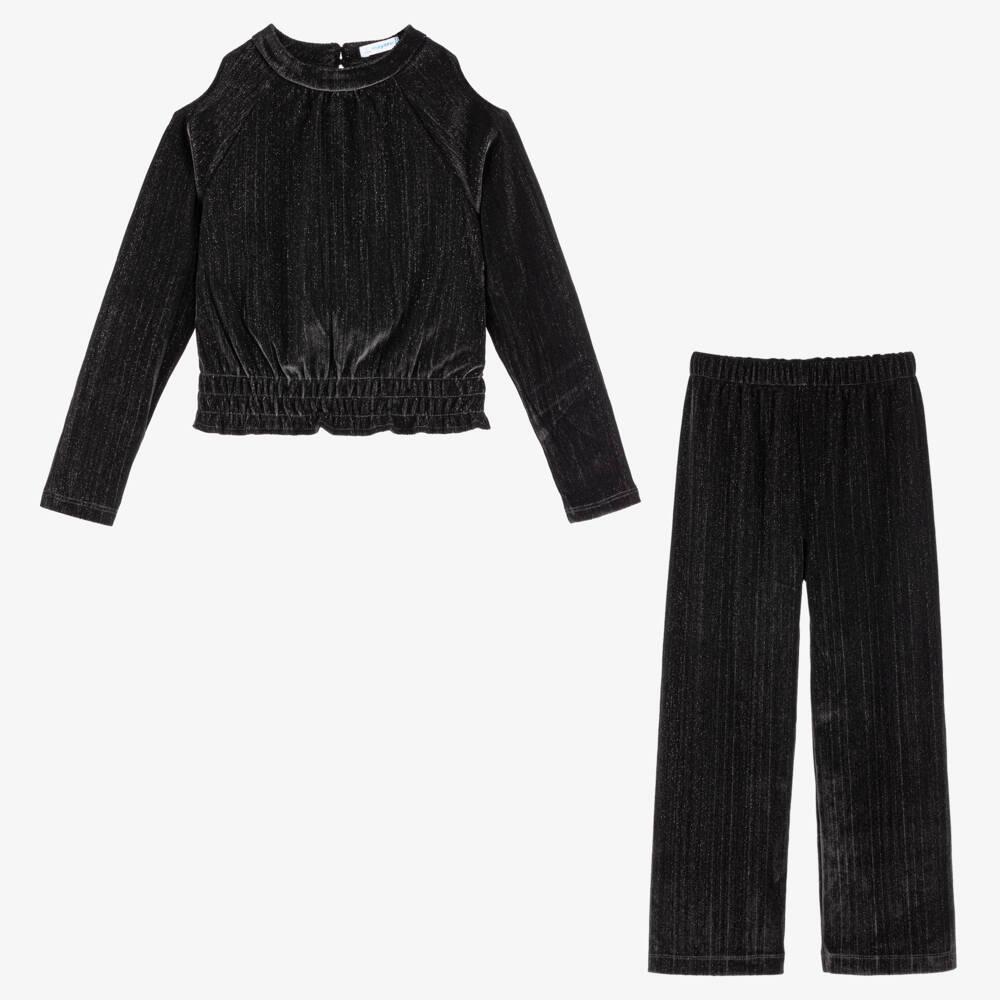 Mayoral-Girls Black Glitter Velour Set | Childrensalon Outlet