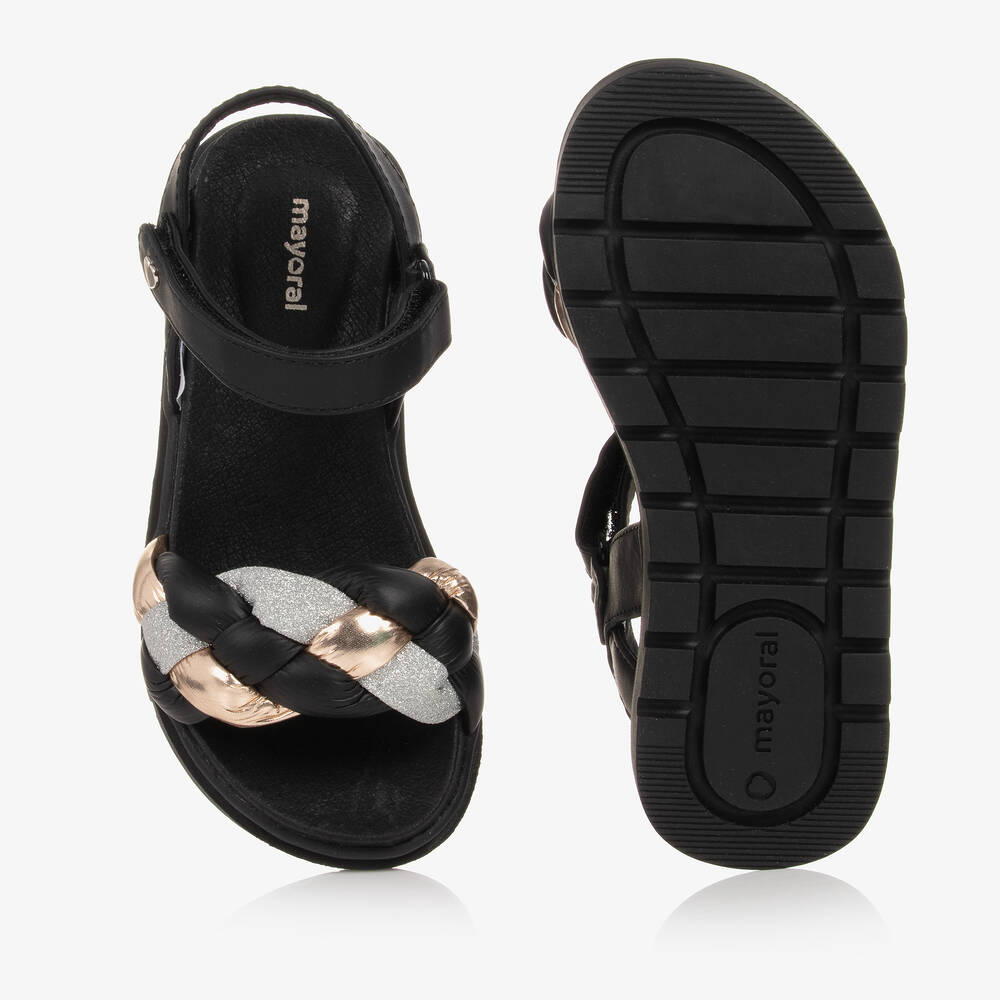 Mayoral-صندل جلد صناعي لون أسود وذهبي للبنات | Childrensalon Outlet