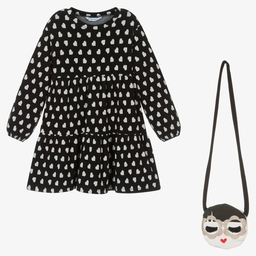 Mayoral - Черное платье с сердечками и сумка | Childrensalon