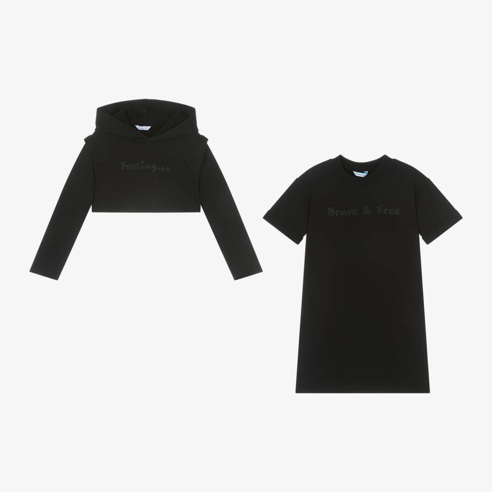 Mayoral-طقم فستان قطن جيرسي لون أسود | Childrensalon Outlet