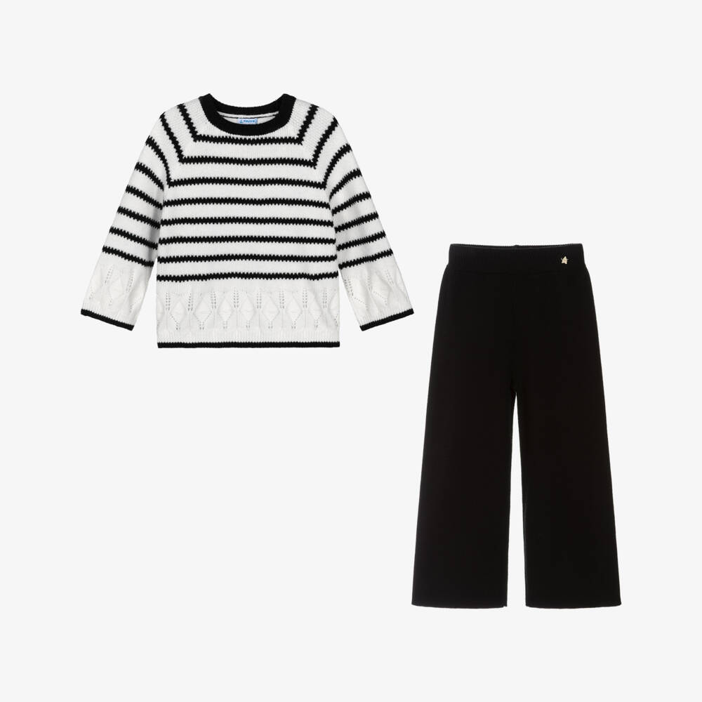 Mayoral-Girls Black & Ivory Striped Knitted Trouser Set | Childrensalon Outlet