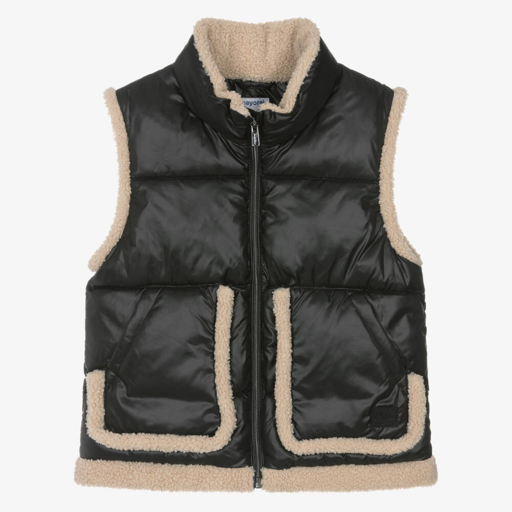 Mayoral-Girls Black Padded Gilet with Sherpa Fleece Trim | Childrensalon Outlet