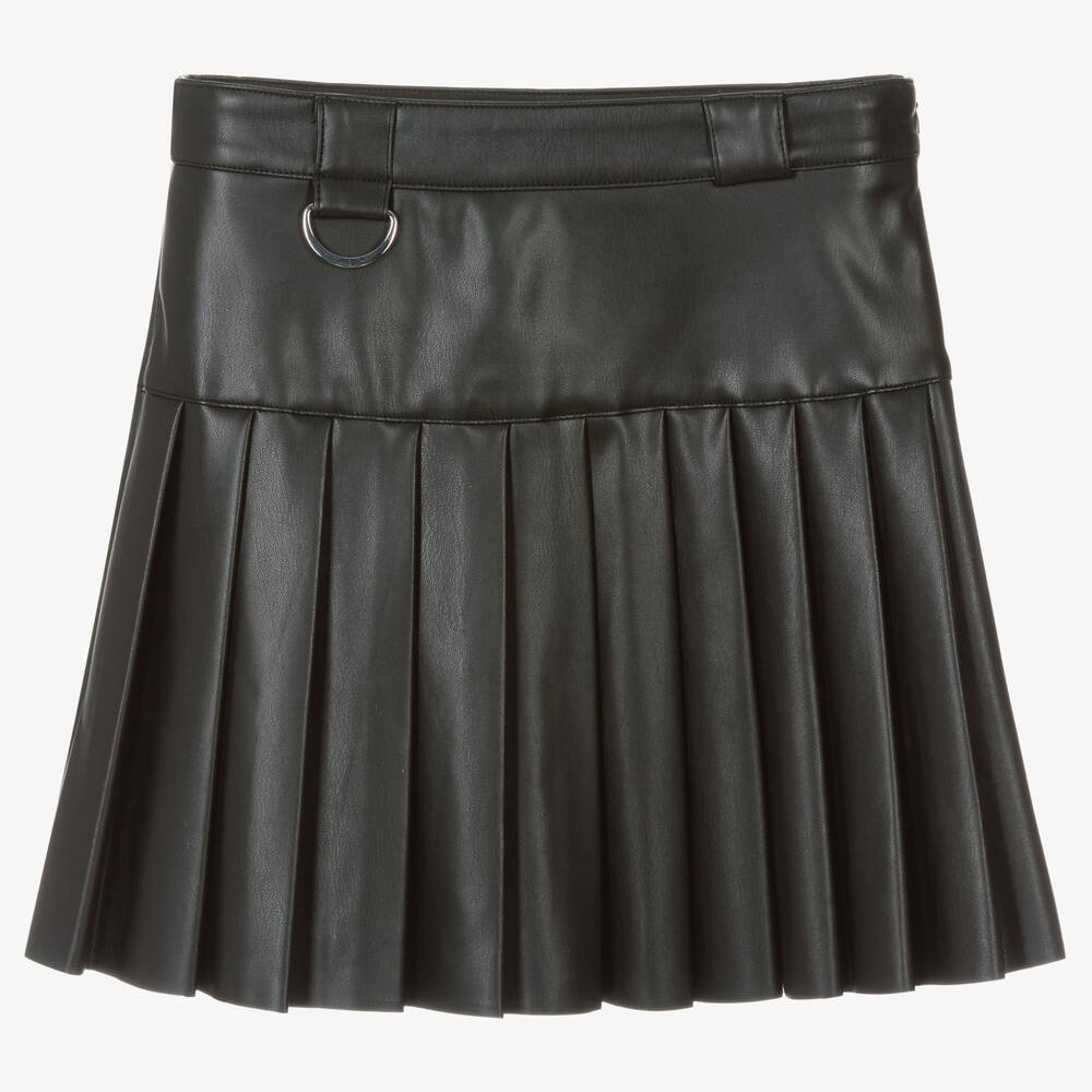 Mayoral - Girls Black Pleated Faux Leather Skirt | Childrensalon