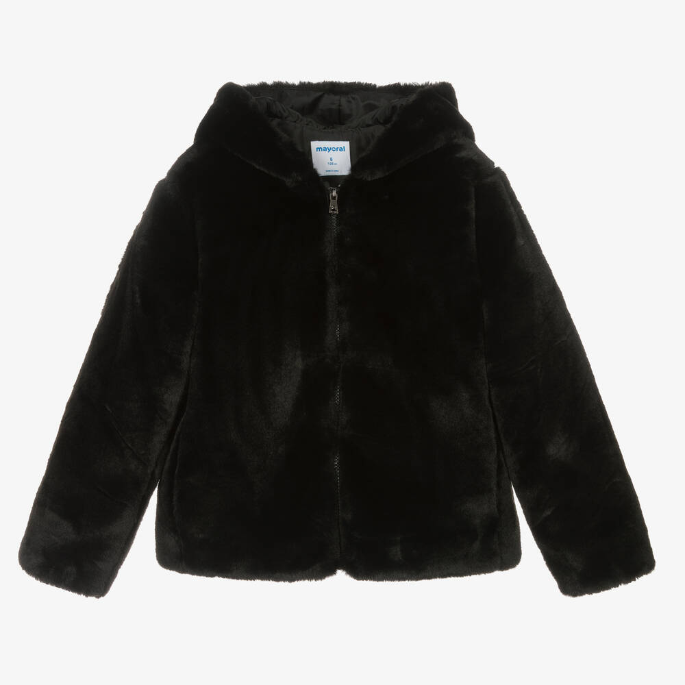 Mayoral - Girls Black Plush Faux Fur Jacket | Childrensalon