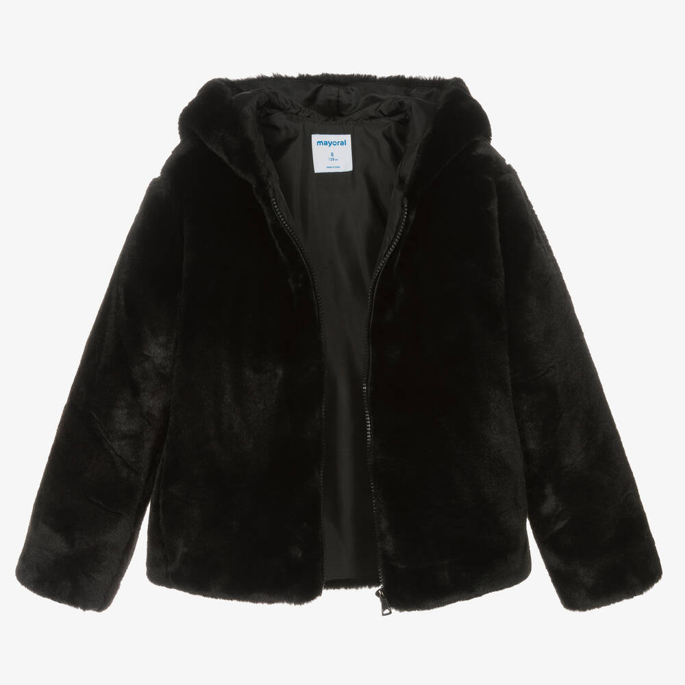 Mayoral-Girls Black Plush Faux Fur Jacket | Childrensalon Outlet