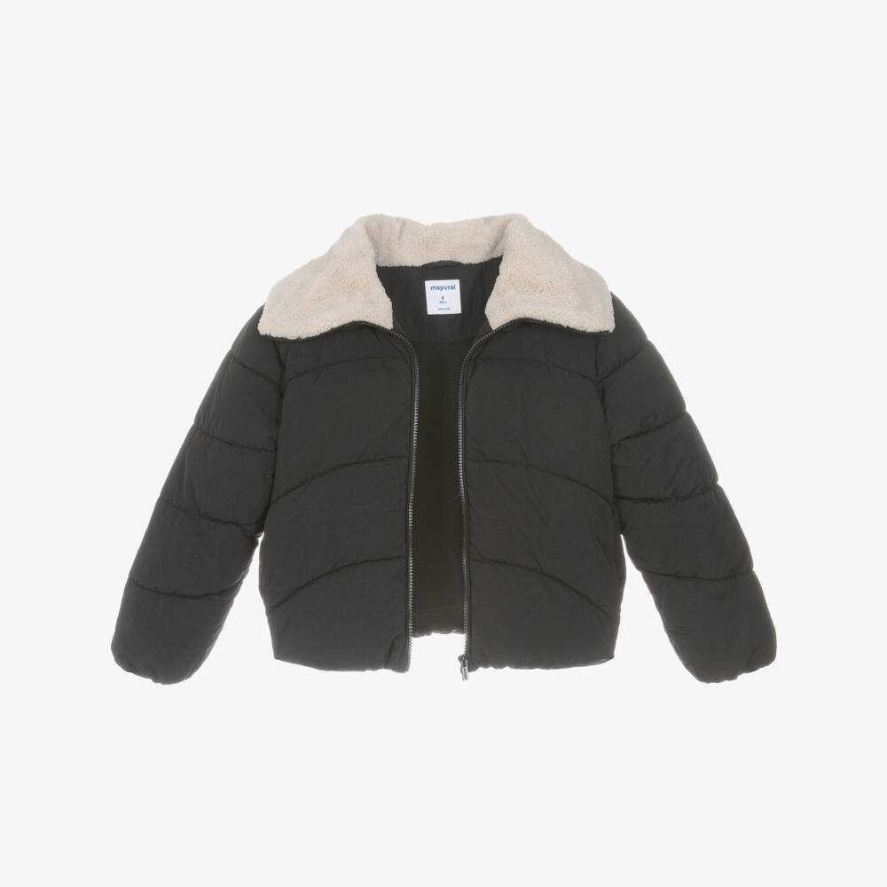 Mayoral-Girls Black Puffer Jacket with Faux Sheepskin Collar | Childrensalon Outlet