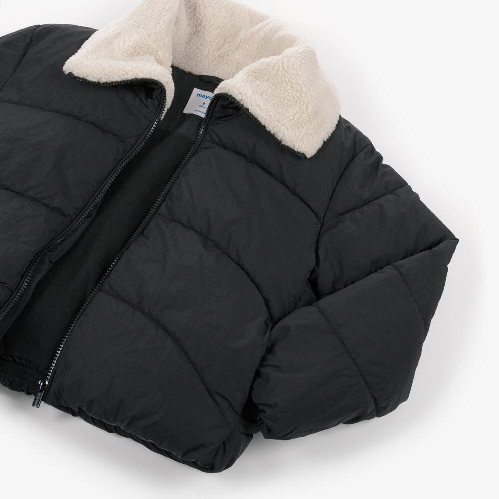 Mayoral-Girls Black Puffer Jacket with Faux Sheepskin Collar | Childrensalon Outlet