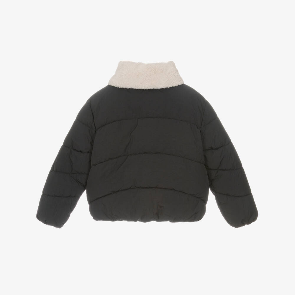 Mayoral-Girls Black Puffer Jacket with Faux Sheepskin Collar | Childrensalon Outlet