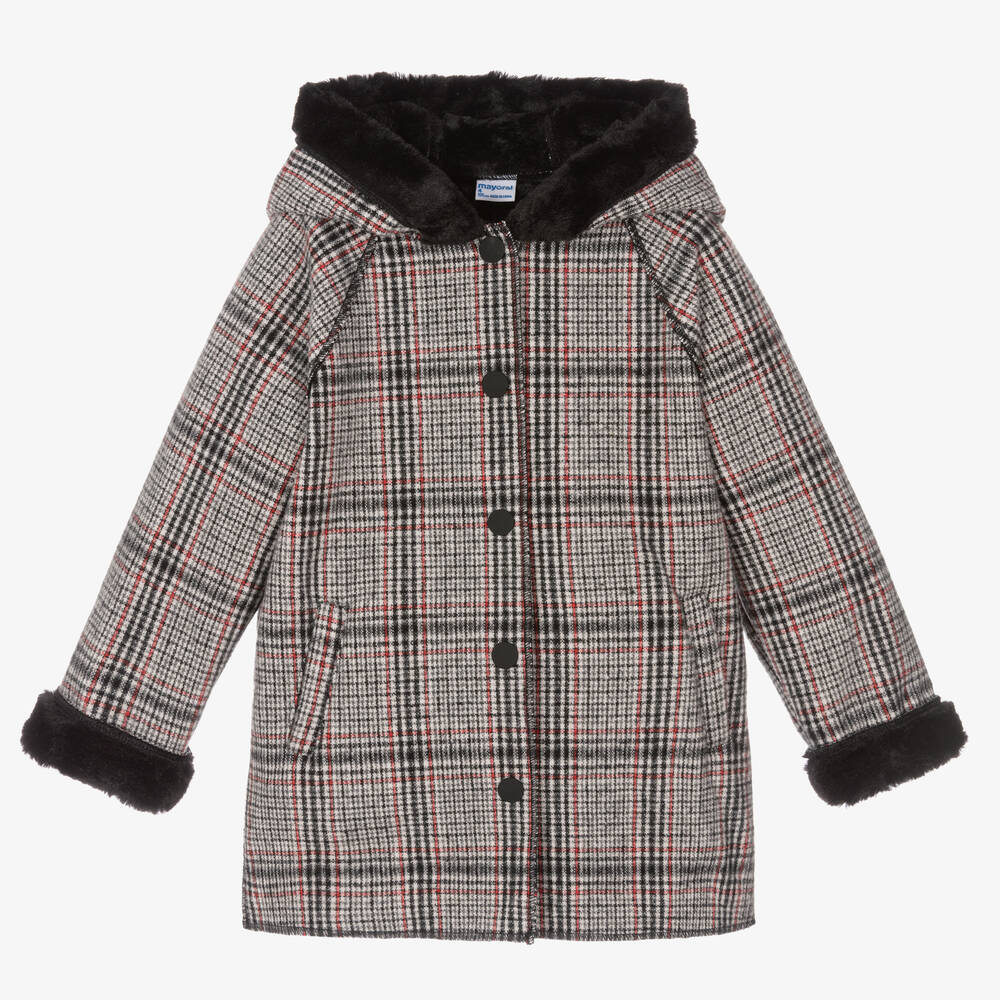 Mayoral - Girls Black & Red Check Coat | Childrensalon