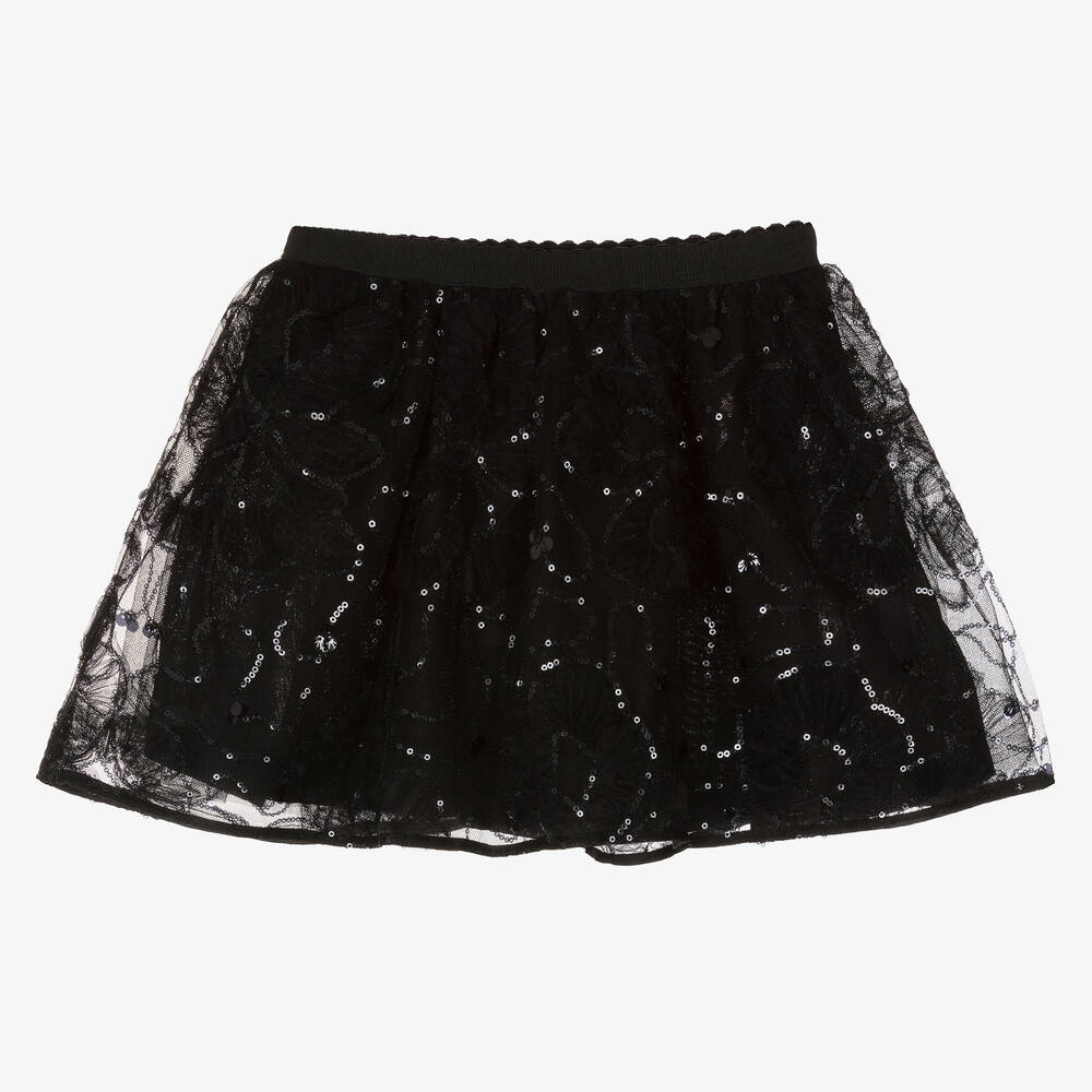 Mayoral-Girls Black Sequin & Tulle Floral Skirt | Childrensalon Outlet