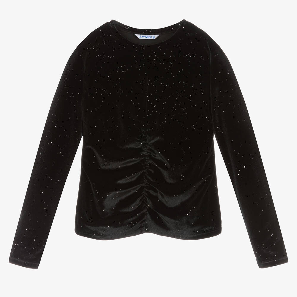 Mayoral - Girls Black Sparkly Velour Top | Childrensalon