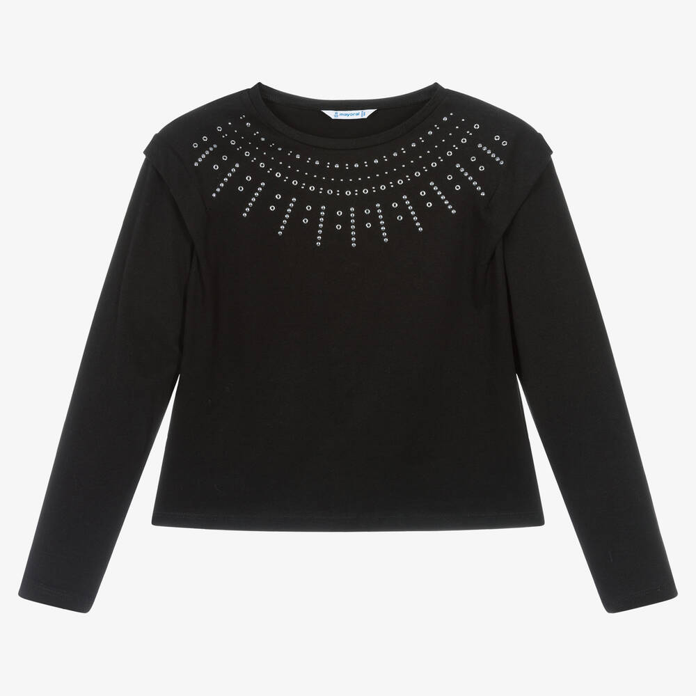 Mayoral - Girls Black Studded Cotton T-Shirt | Childrensalon