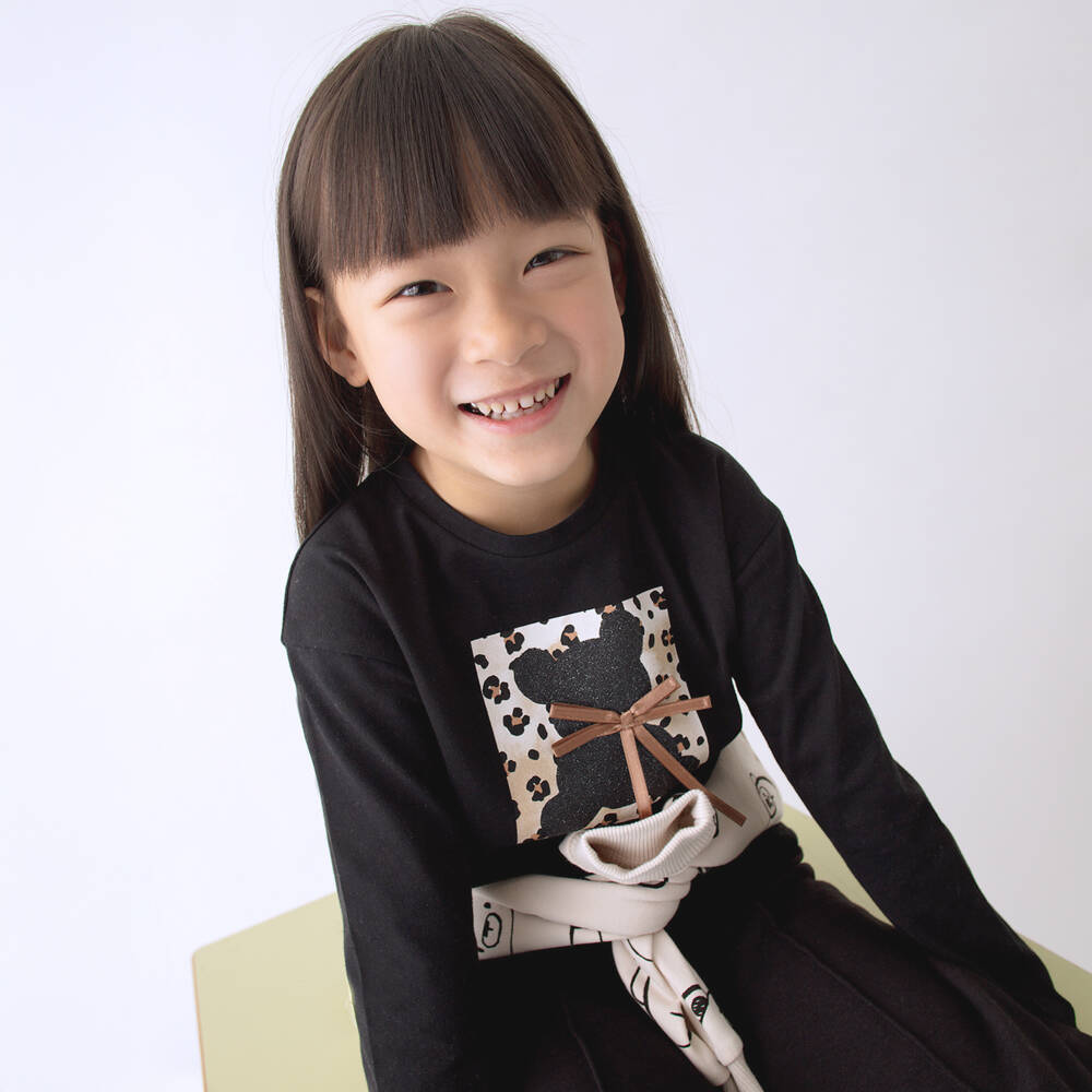 Mayoral-تي شيرت قطن أسود للبنات بطبعة دمية دب | Childrensalon Outlet