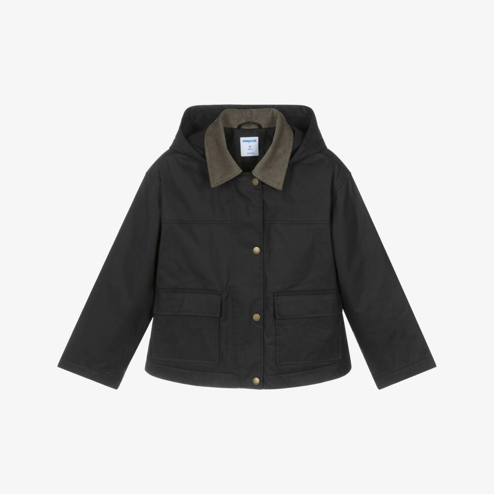 Mayoral-Girls Black Waxed Cotton Jacket with Corduroy Collar | Childrensalon Outlet