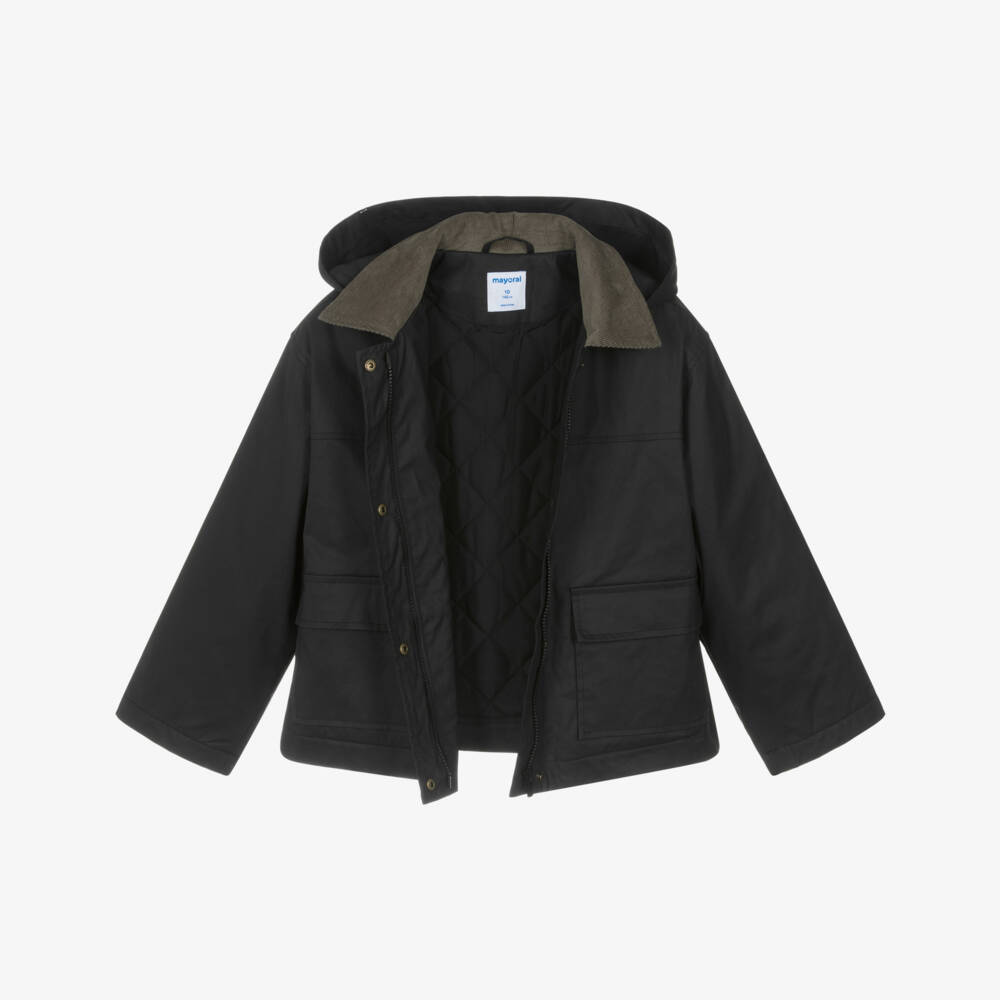 Mayoral-Girls Black Waxed Cotton Jacket with Corduroy Collar | Childrensalon Outlet