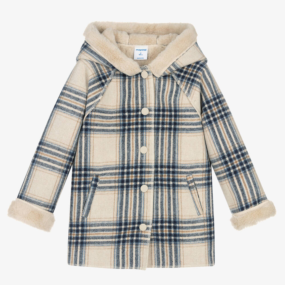 Mayoral - Girls Blue & Beige Check Coat | Childrensalon