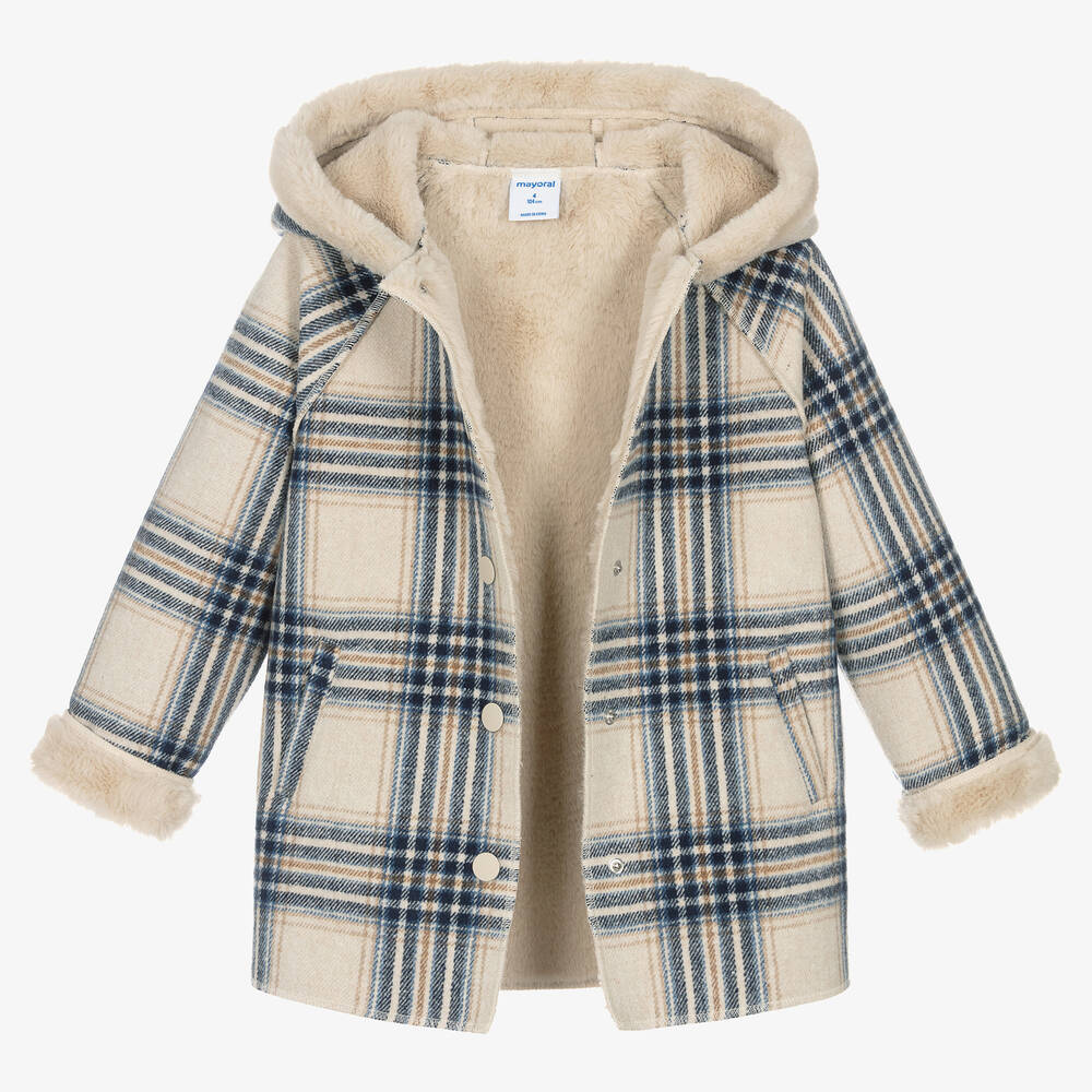 Mayoral-Girls Blue & Beige Check Coat | Childrensalon Outlet