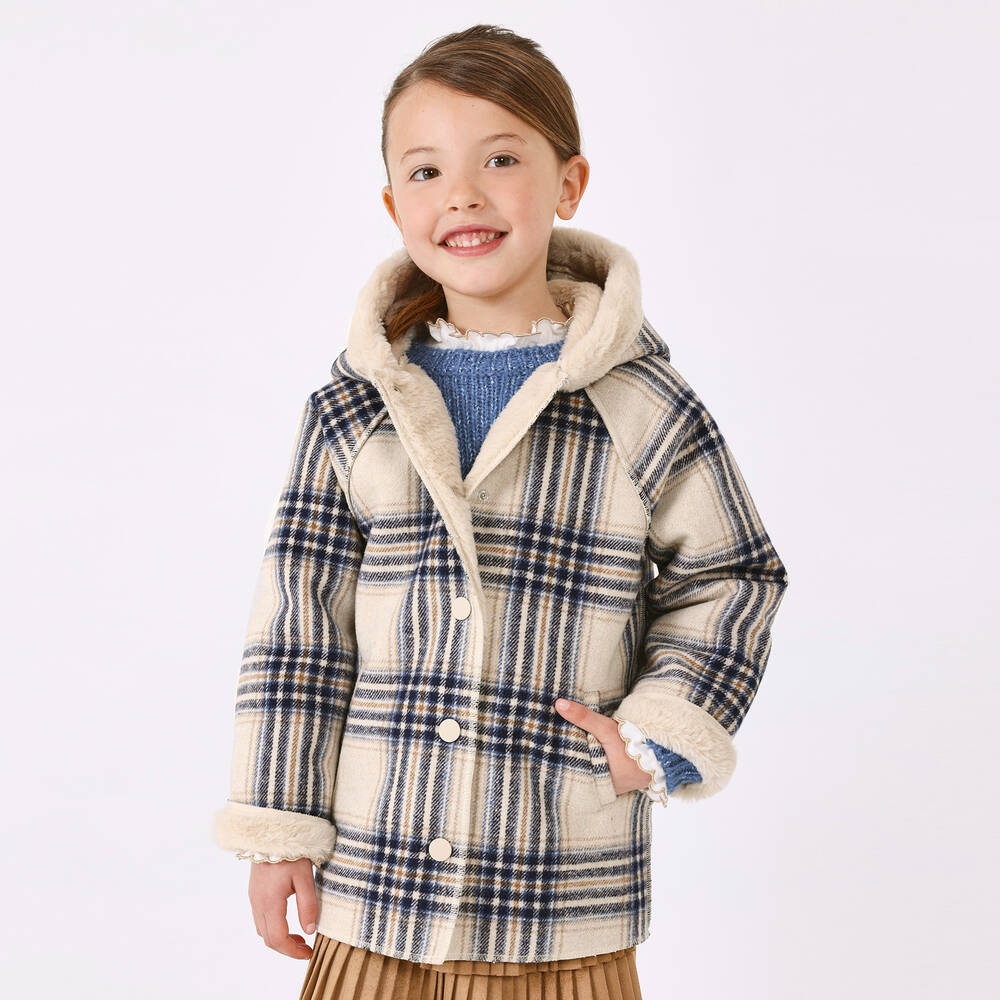 Mayoral Girls Blue Beige Check Coat Childrensalon Outlet