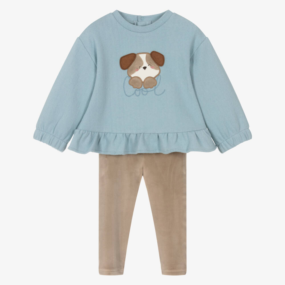 Mayoral-Girls Blue & Beige Puppy Leggings Set | Childrensalon Outlet