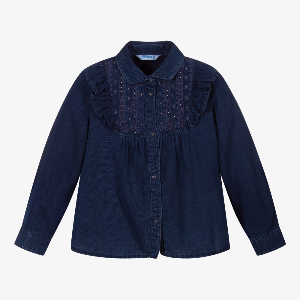 Mayoral - Синяя блузка из шамбре для девочек | Childrensalon