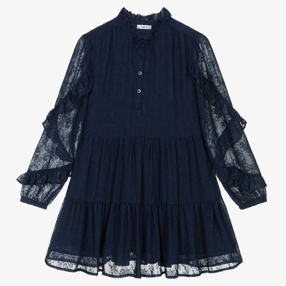 Mayoral - Girls Blue Chiffon Ruffle Sleeve Dress | Childrensalon