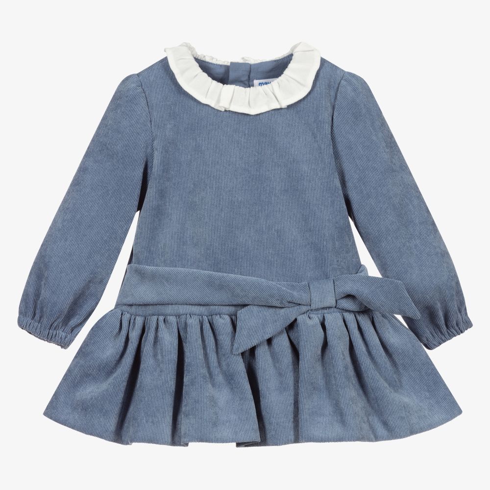 Mayoral - Robe bleue en velours Fille | Childrensalon