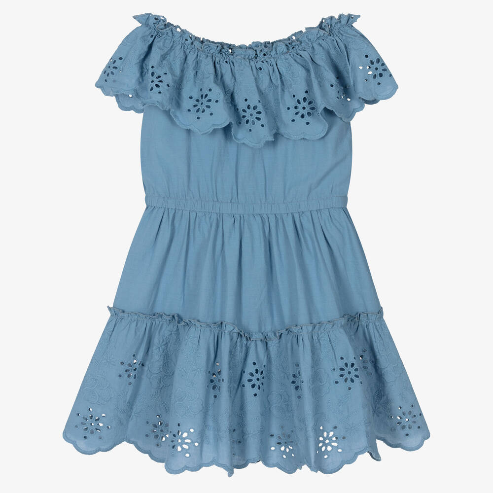 Mayoral - Girls Blue Cotton Broderie Anglaise Dress | Childrensalon