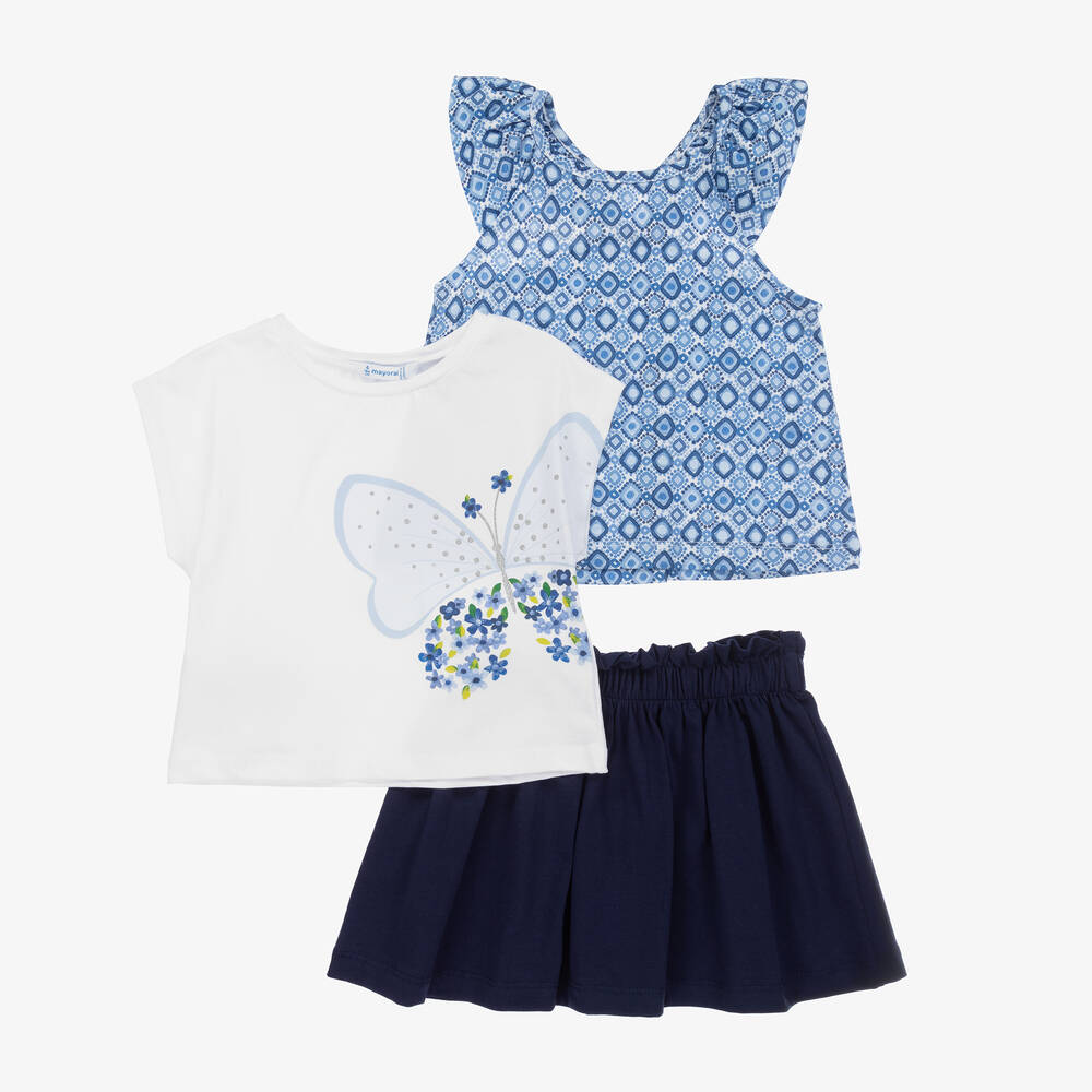 Mayoral-Girls Blue Cotton Butterfly Skirt Set | Childrensalon Outlet