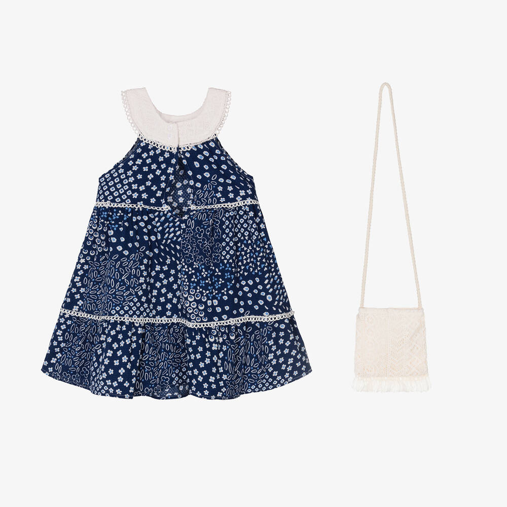 Mayoral-Girls Blue Cotton Dress & Ivory Bag Set | Childrensalon Outlet