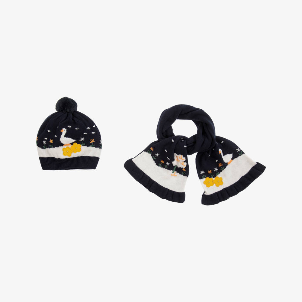 Mayoral-Girls Blue Cotton Knit Hat Set | Childrensalon Outlet