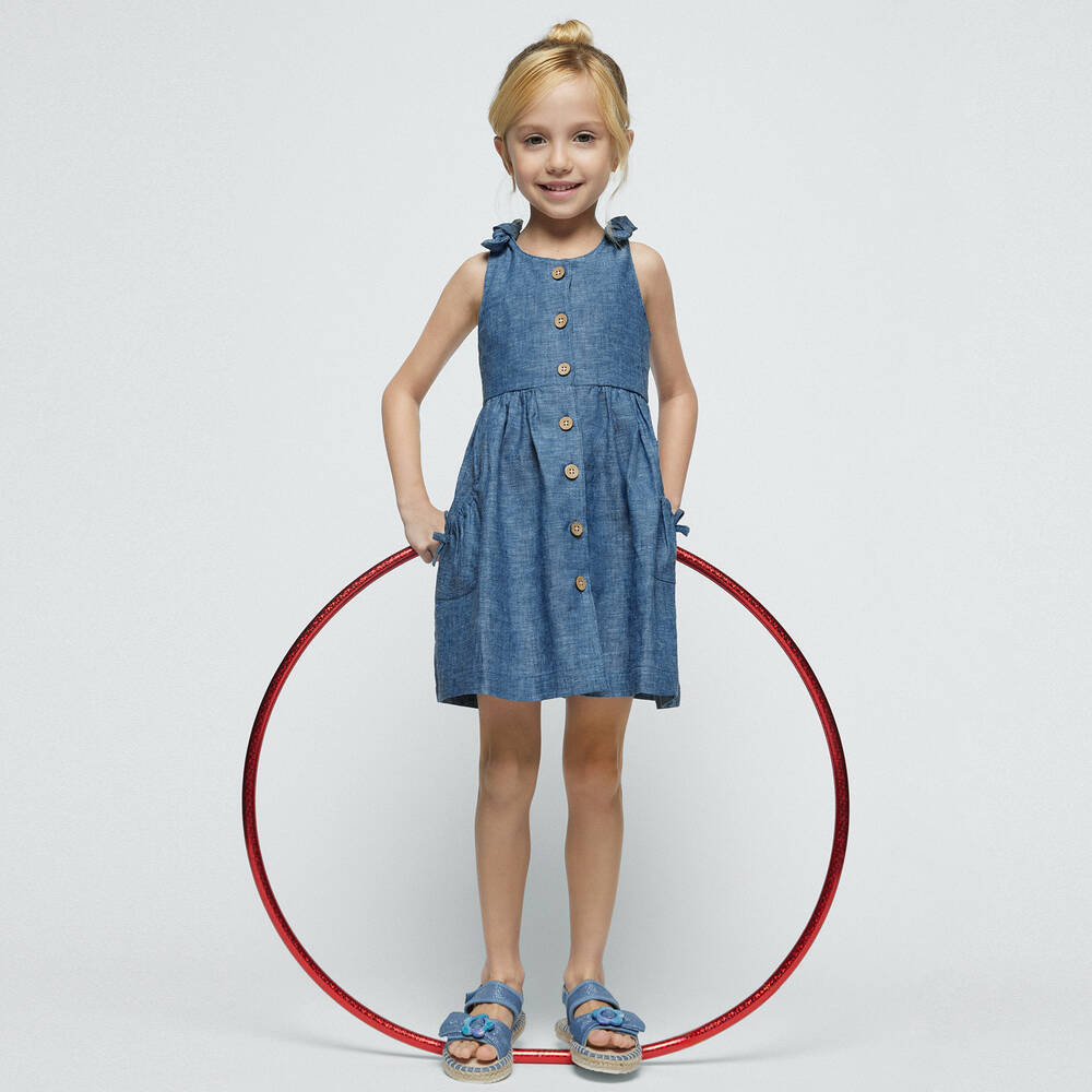 Mayoral-Girls Blue Cotton & Linen Dress | Childrensalon Outlet
