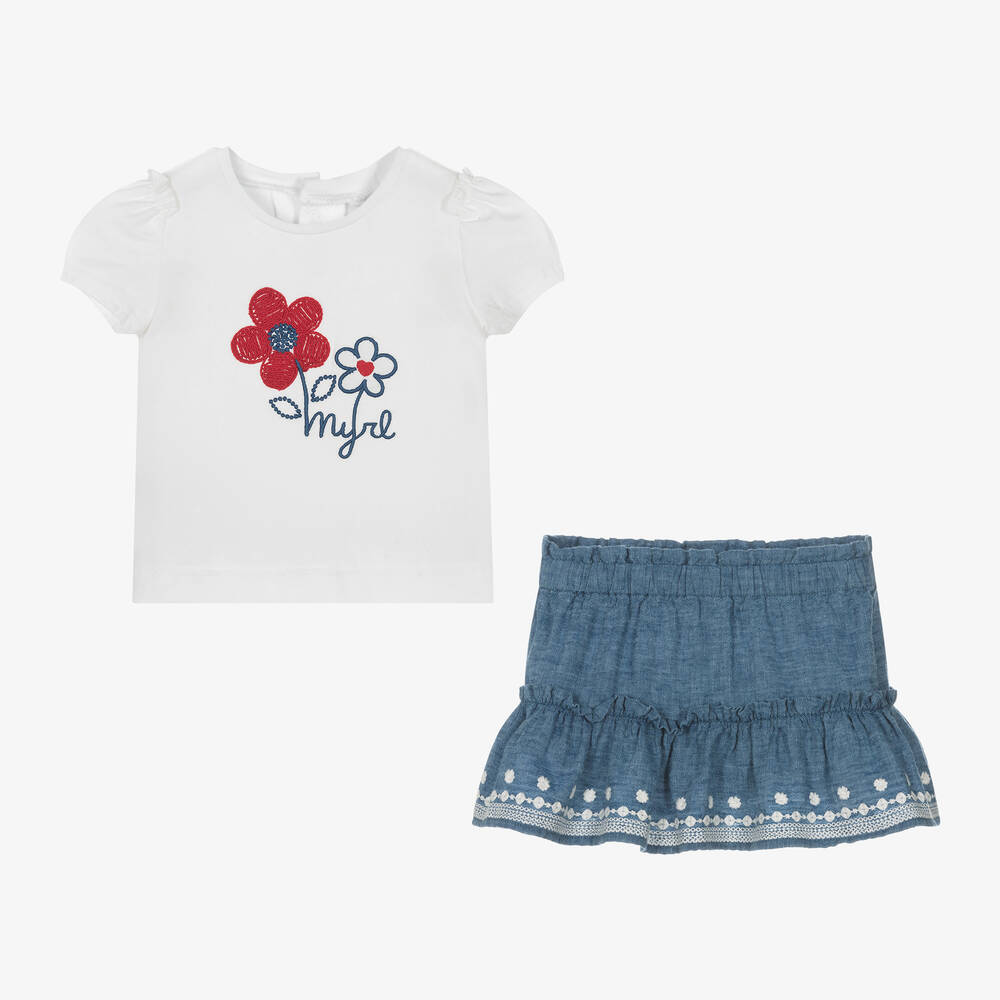 Mayoral-Girls Blue Cotton & Linen Skirt Set | Childrensalon Outlet