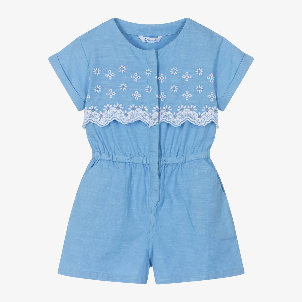 Mayoral-Girls Blue Cotton Playsuit | Childrensalon Outlet