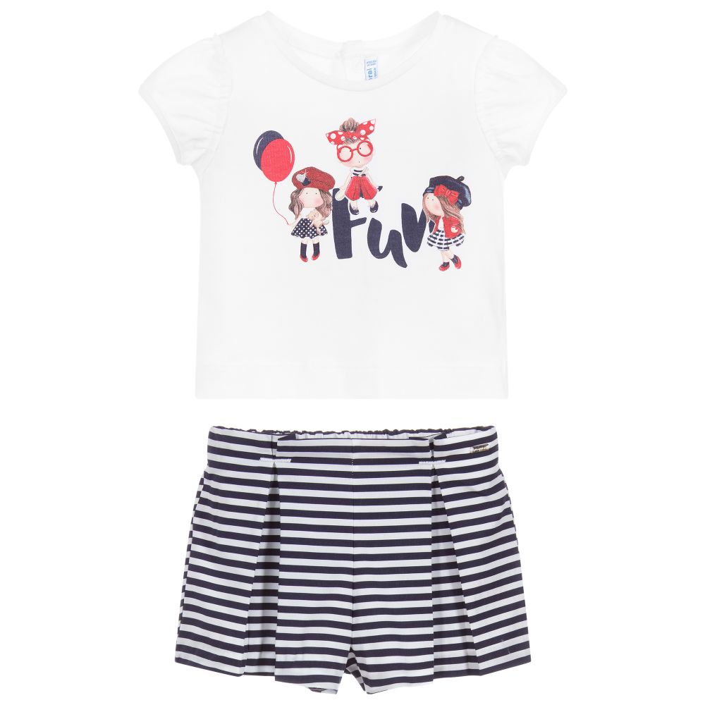 Mayoral-شورت وتوب أطفال بناتي قطن لون أبيض وكحلي | Childrensalon Outlet