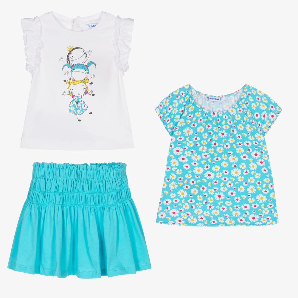 Mayoral - Girls Blue Cotton Skirt Set | Childrensalon
