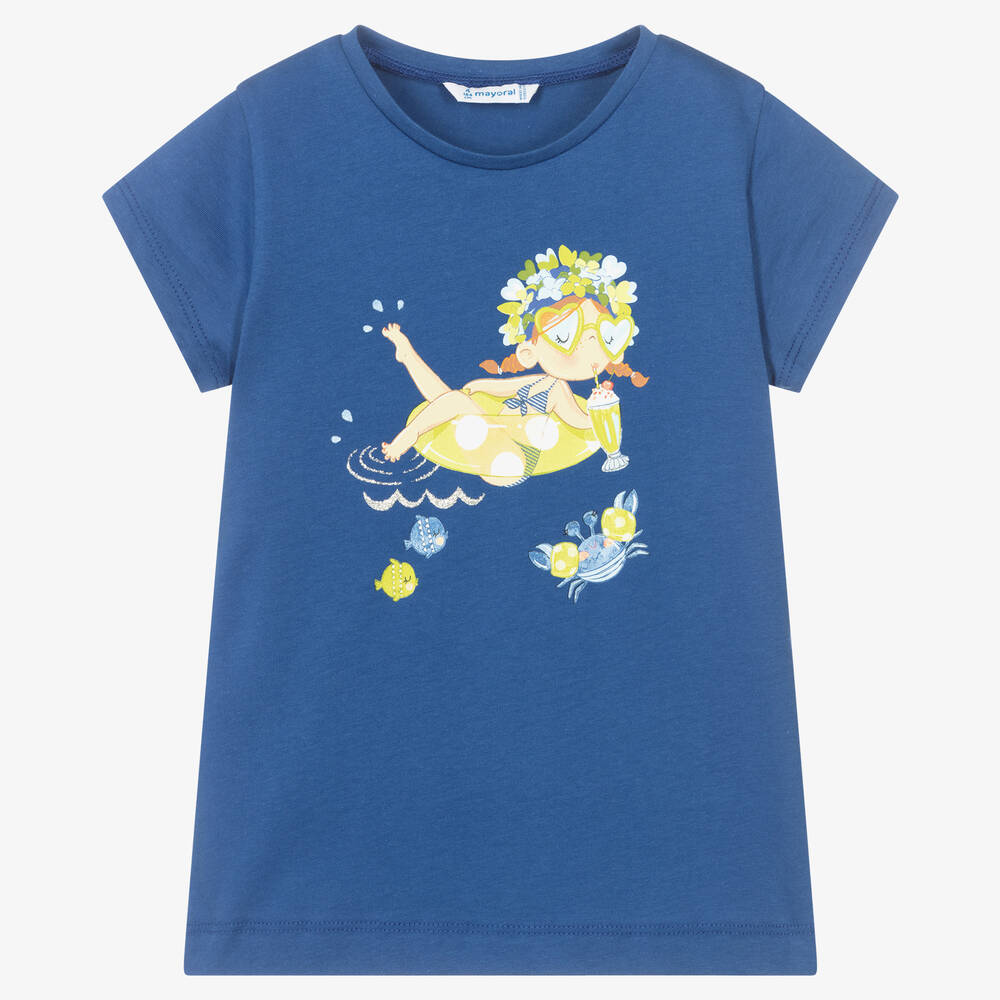 Mayoral - T-shirt bleu en coton fille | Childrensalon